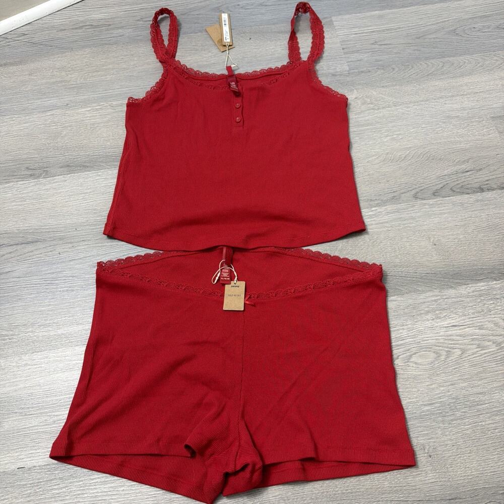 Skims Cotton Rib Sleep Tank Top & Short Set XL Cranberry ST-SST-6569W